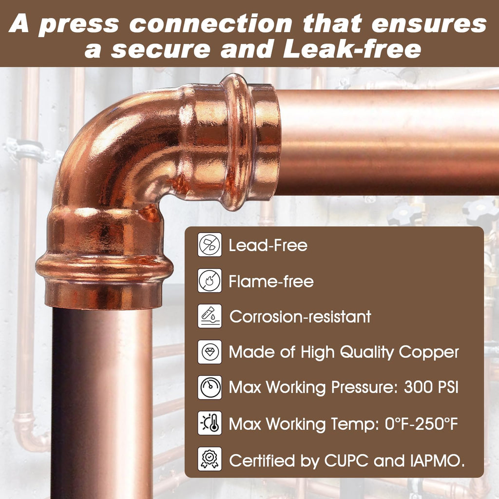 Copper Press Fittings 1 inch, 6PK Copper Coupling 90 Degree Elbow Coupling