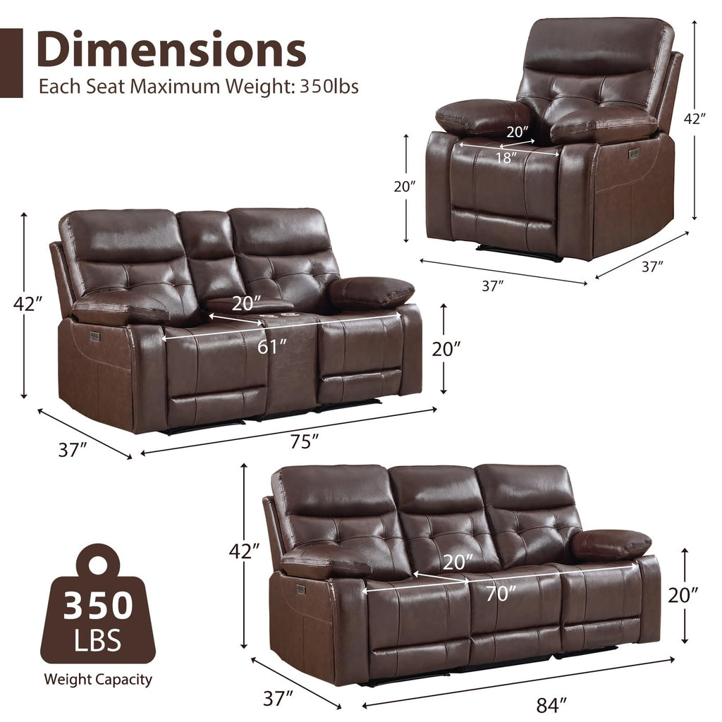 Genuine Leather Power Reclining Sofa Set, Living Room Furniture Sofa Set, Power Recliner Chair, Loveseat and Sofa with