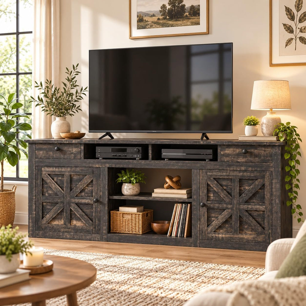 70" Farmhouse TV Stand for 80 Inch TVs with Storage, Rustic Oak