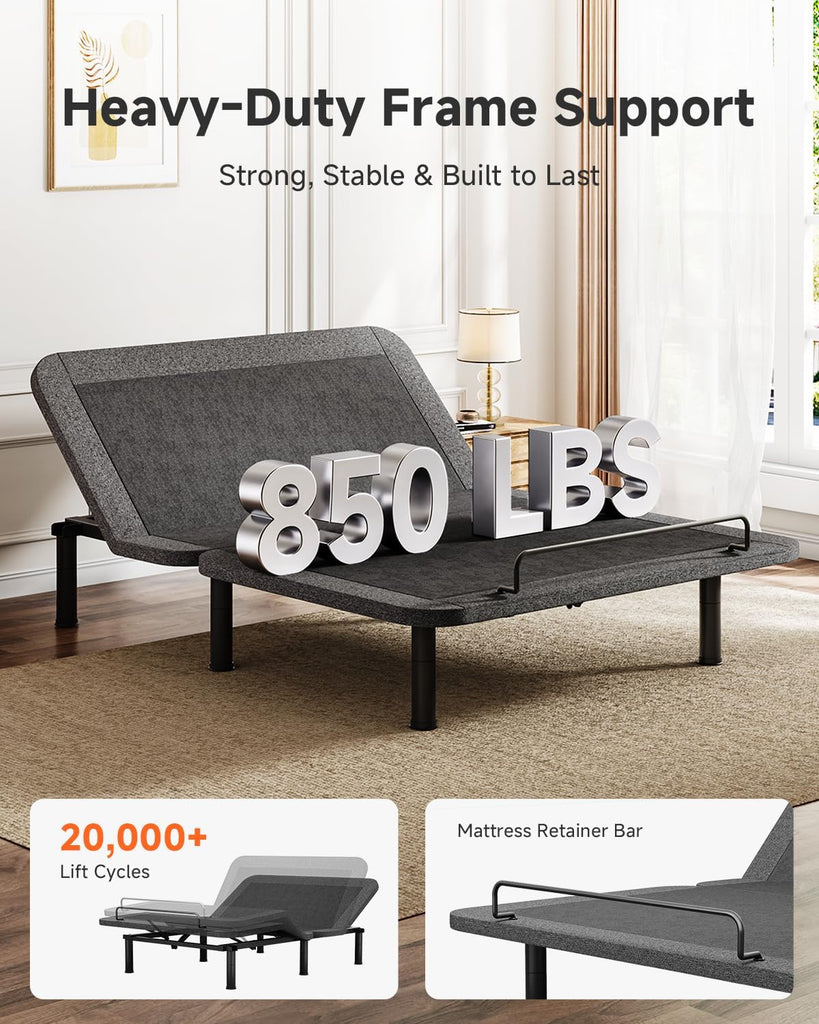 Adjustable Bed Frame Queen, Electric Bed Bases with Independent Head & Foot Incline, Wired Remote, Quiet Motor, 3 Leg