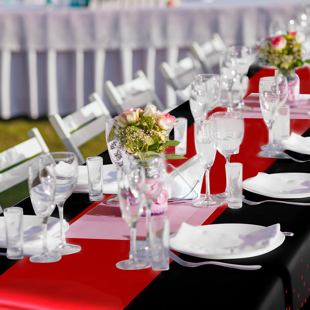 24 Pack Black and Red Tablecloths and Satin Runners Set