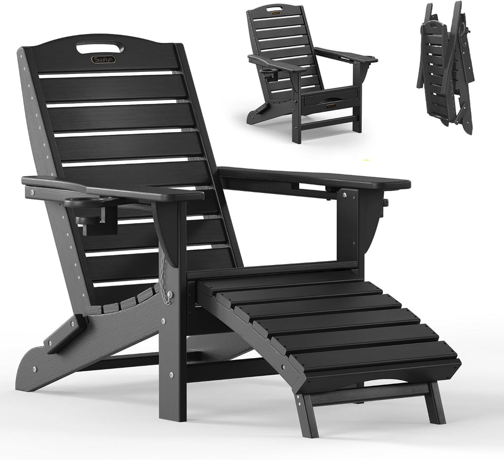 Folding Adirondack Chair with Retractable Ottoman Weather Resistant Fire Pit Chair Patio Chair with 2 Cup Holder Lawn