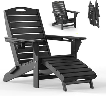 Folding Adirondack Chair with Retractable Ottoman Weather Resistant Fire Pit Chair Patio Chair with 2 Cup Holder Lawn