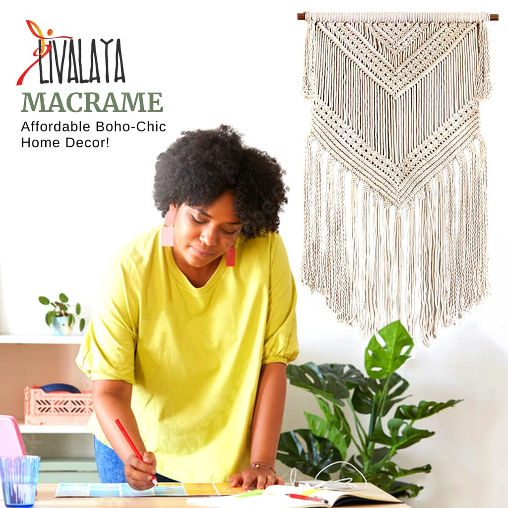 Boho Macrame Woven Wall Hanging Beige 16 x 36 Inch Modern Bohemian Wall Decor