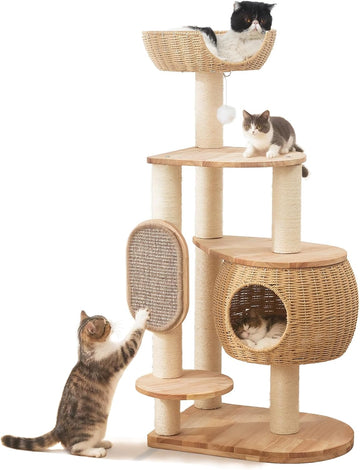 Modern Cat Tree, Cat Tower with Scratching Post, Handwoven Pumpkin Nests and Baskets, Sisal Blanket