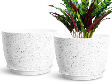 2Pack Large Indoor Planter Pot 12 Inch Plant Pot, Modern Flower Pots for Out Door Plants, Speckled White Plastic
