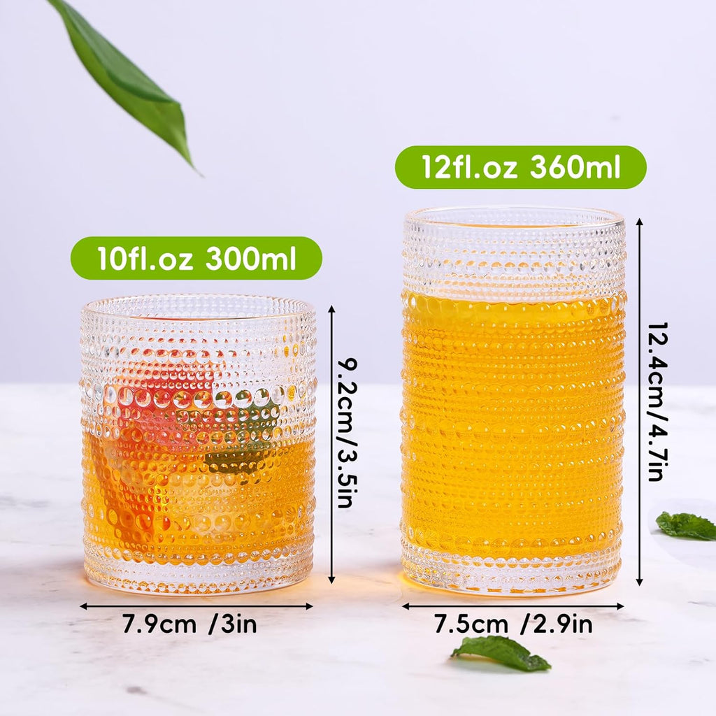 Hobnail Drinking Glasses Set of 12, 12 Oz Highball Glasses & 10 Oz Cocktail Glasses, Clear Embossed Boho Glass Cups