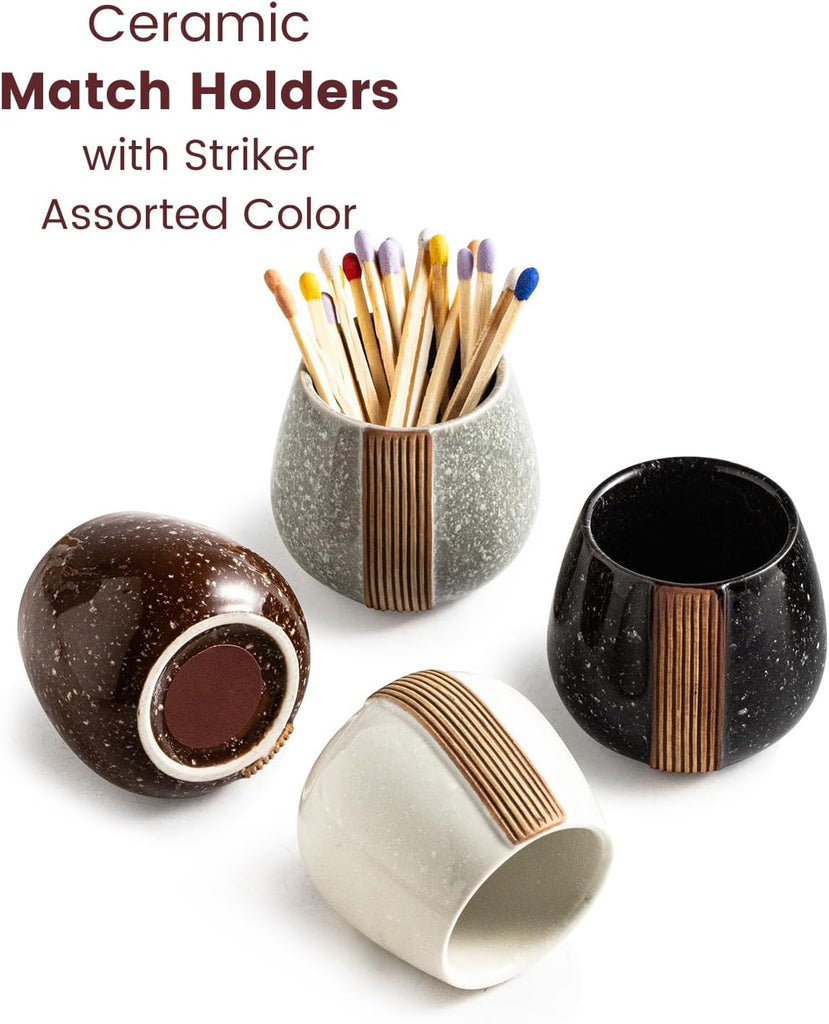 Match Holder with Striker, Ceramic Matchstick Container - Set of 2