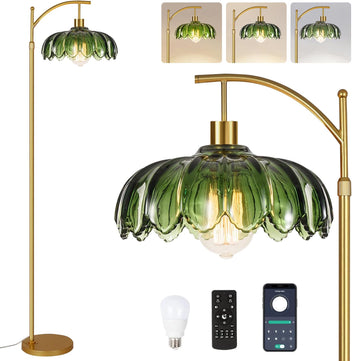 Gold Floor Lamp, Mid Century Modern Standing Lamp with Remote, Dimmable Brass Tall Lamp Vintage Retro Green Glass Arc