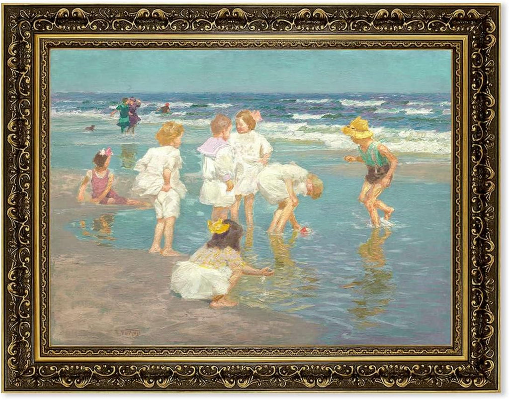 Framed Vintage Wall Art Children Playing at the Beach Poster Canvas Print Oil Paintings Reproduction World Classics