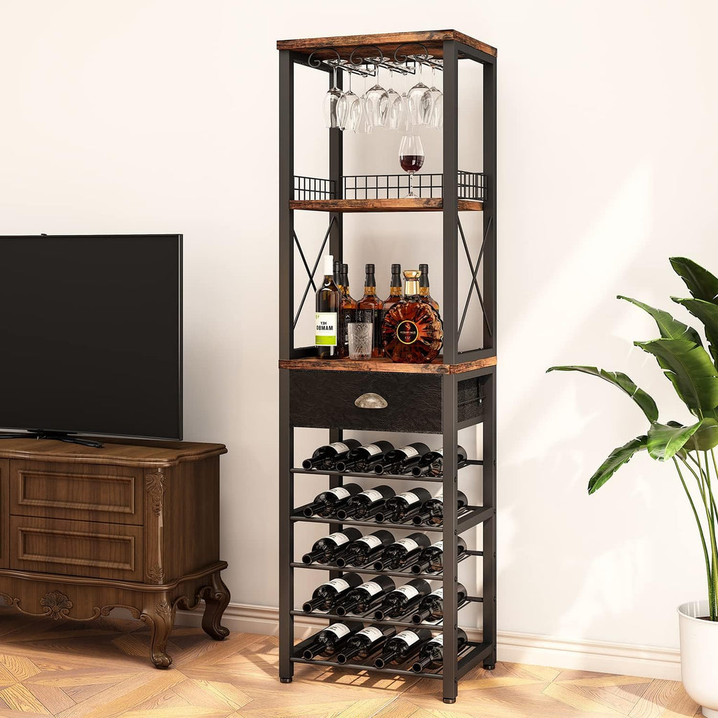 Wine Rack Freestanding Floor, Bar Cabinet for Liquor and Glasses | 4-Tier bar Cabinet with Tabletop, Glass Holder