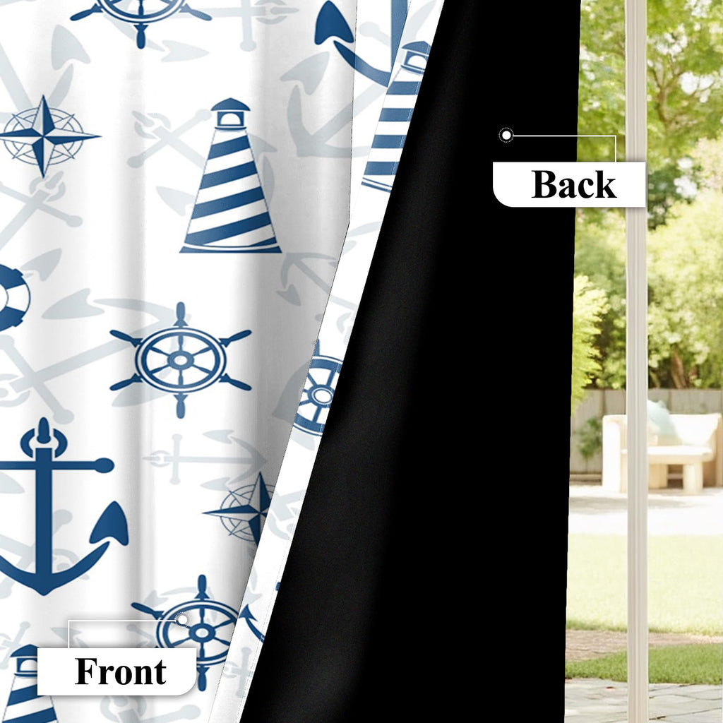 White Blue Nautical Curtains Marine Theme Anchor Compass Sailing Element Blackout Grommet Window Drapes for Adults