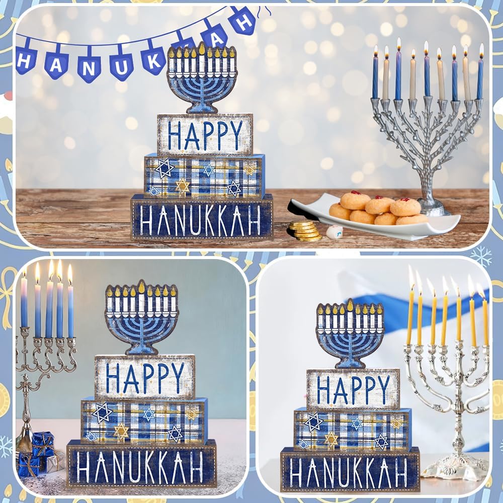 Hanukkah Table Decoration Happy Hanukkah Wooden Block Wooden Decoration Chanukah Table Centerpiece Sign Jewish - Set of 4