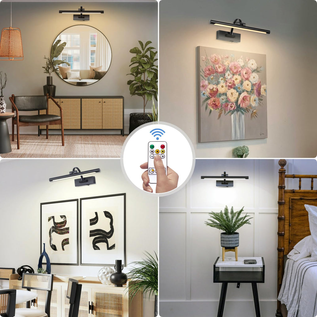 Wireless Battery Operated Picture Light,Rechargeable Wall Light with Remote and Timer,15.75 Inch Black Dimmable