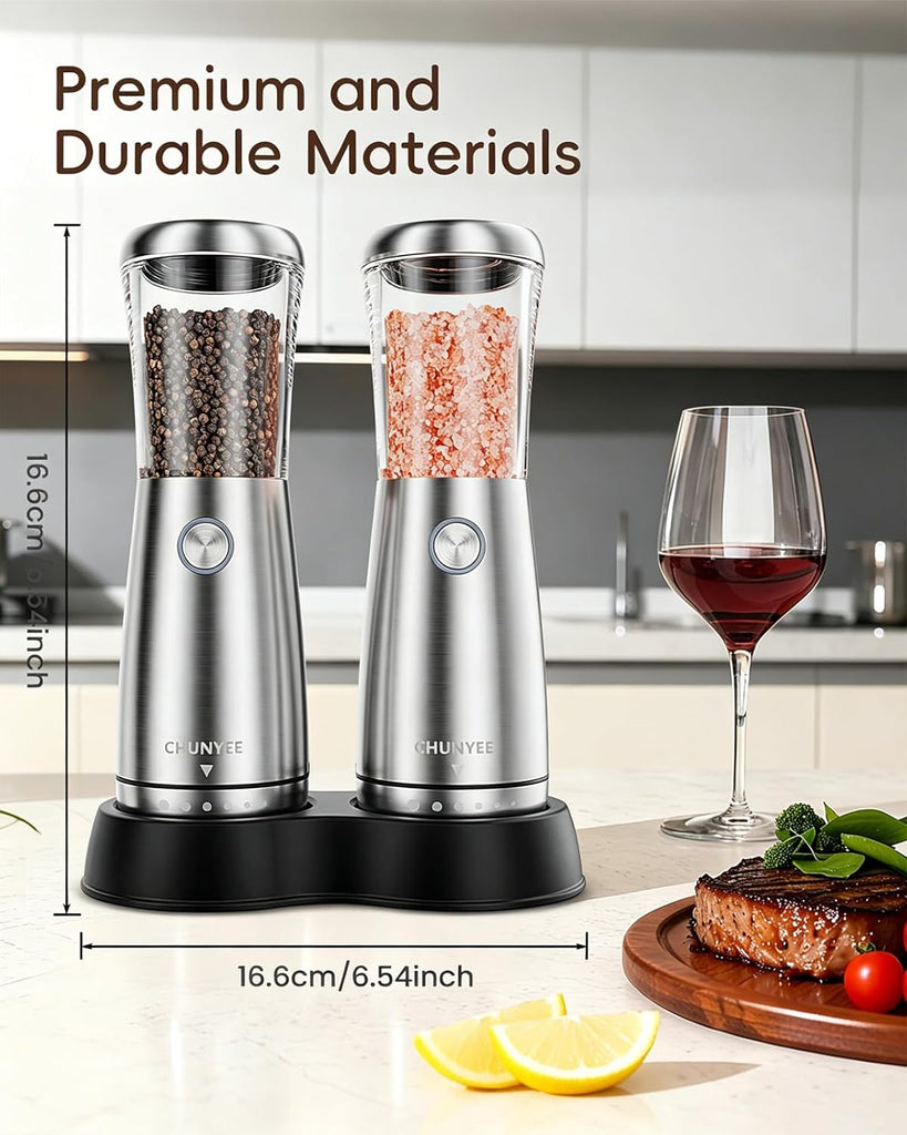 Electric Salt and Pepper Grinder Set - Automatic Stainless Steel Rechargeable Salt and Pepper Grinder Set - Set of 2