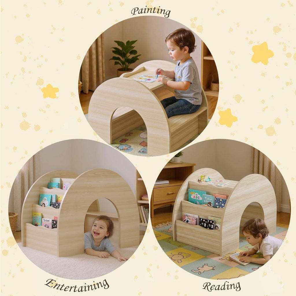 In-1 Kids Desk and Chair Set, Montessori Toddler Desk with Bookshelf for Ages 2-7 | Arched Baby Bookshelf
