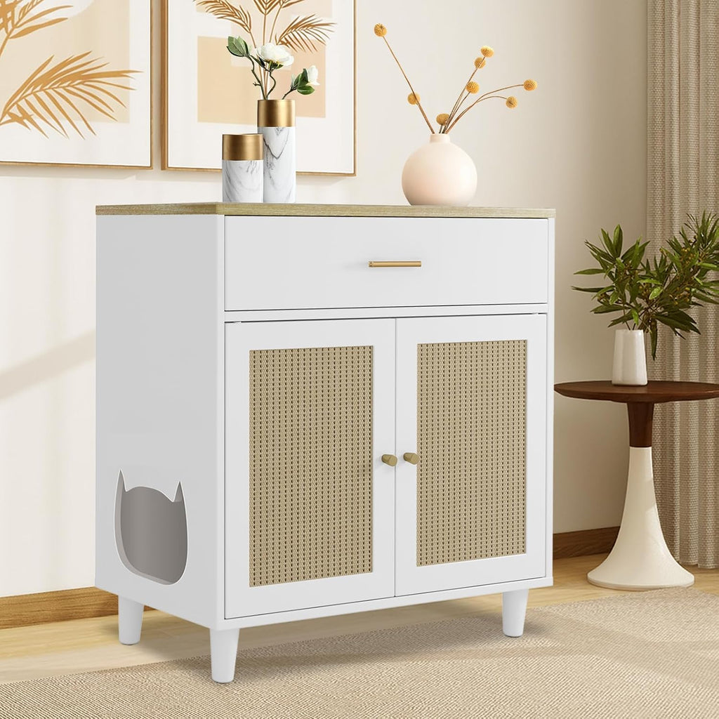 Cat Litter Box Cabinet Corner Hidden Litter Box Enclosure with Scratching Board Doors & Storage Drawer, Fits Most