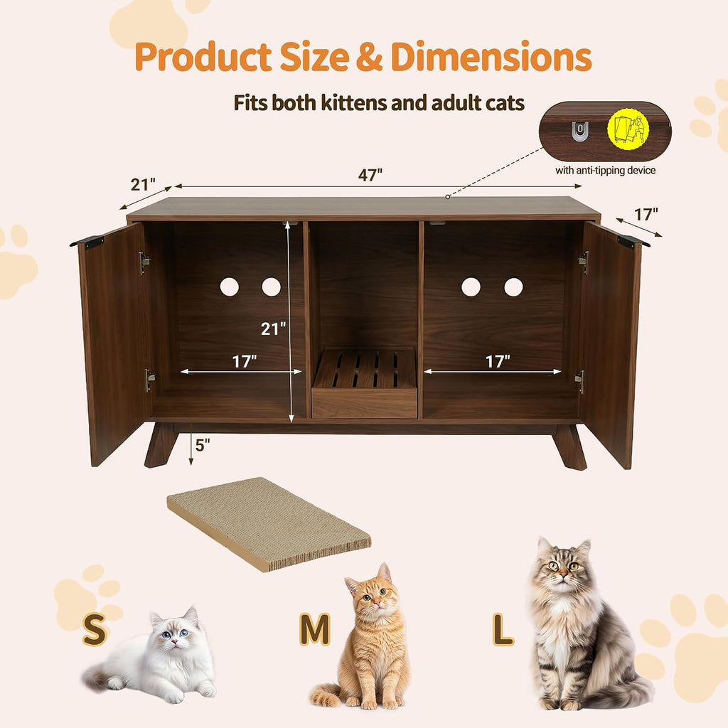 Double Cat Litter Box Enclosure for 2 Cats, Fluted Hidden Litter Box Furniture with Litter Collector & Scratch Pad, 47"