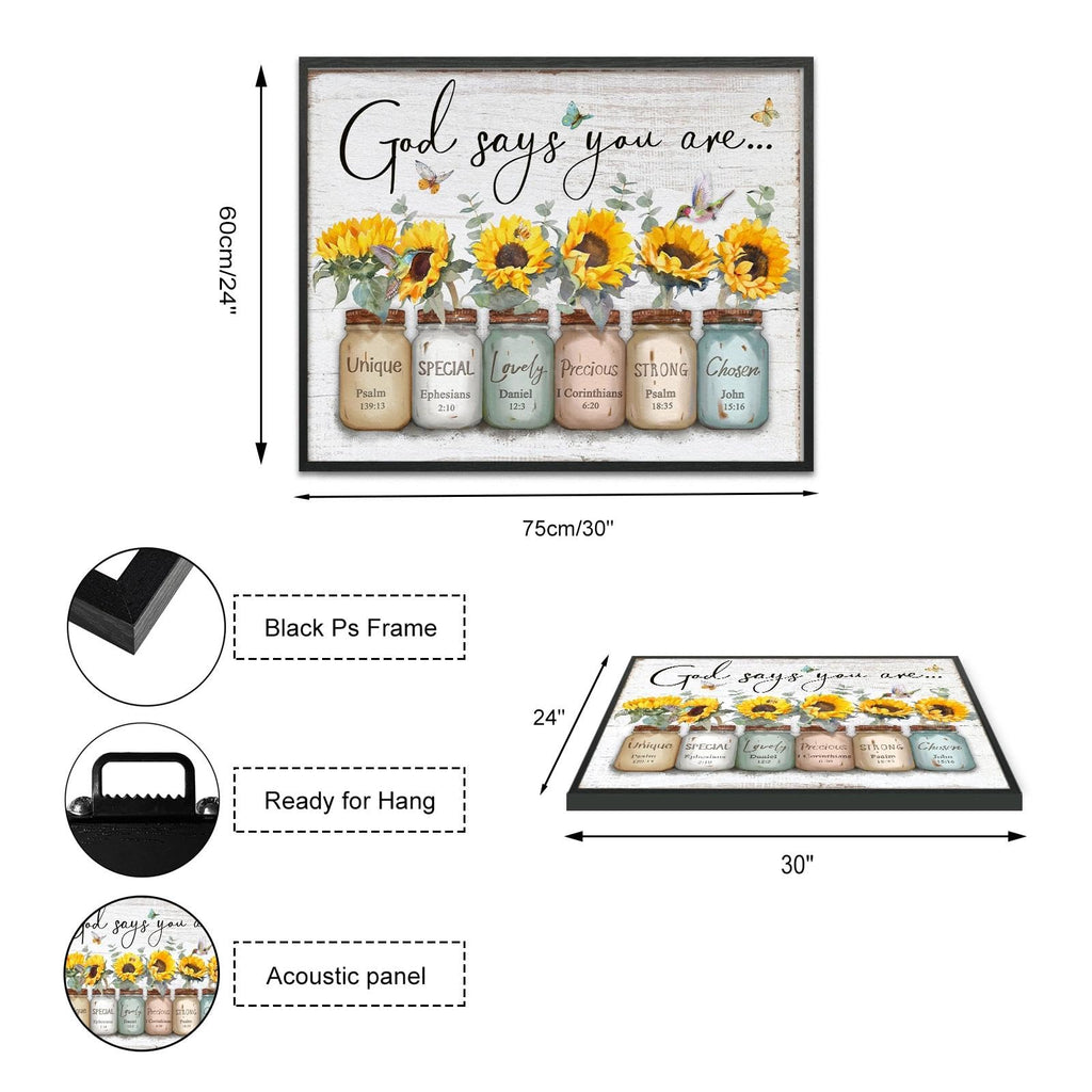 Inspirational Bible Verse Wall Art: God Says You Are Wall Sayings Sunflower in Mason Jar Picture Print Christian Gift