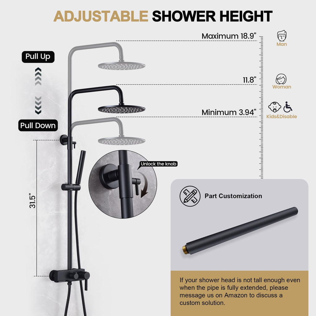 Matte Black Exposed Shower System with 2 Modes HandHeld,3 Functions Tub Shower Faucet Sets with Brass Valve, Shower