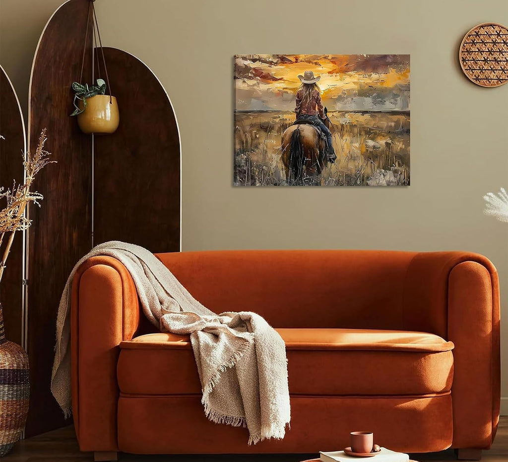 Western Cowgirl Riding Horse Canvas Wall Art Cowgirl Wall Decor Pictures Sunset Countryside Landscape Painting Print