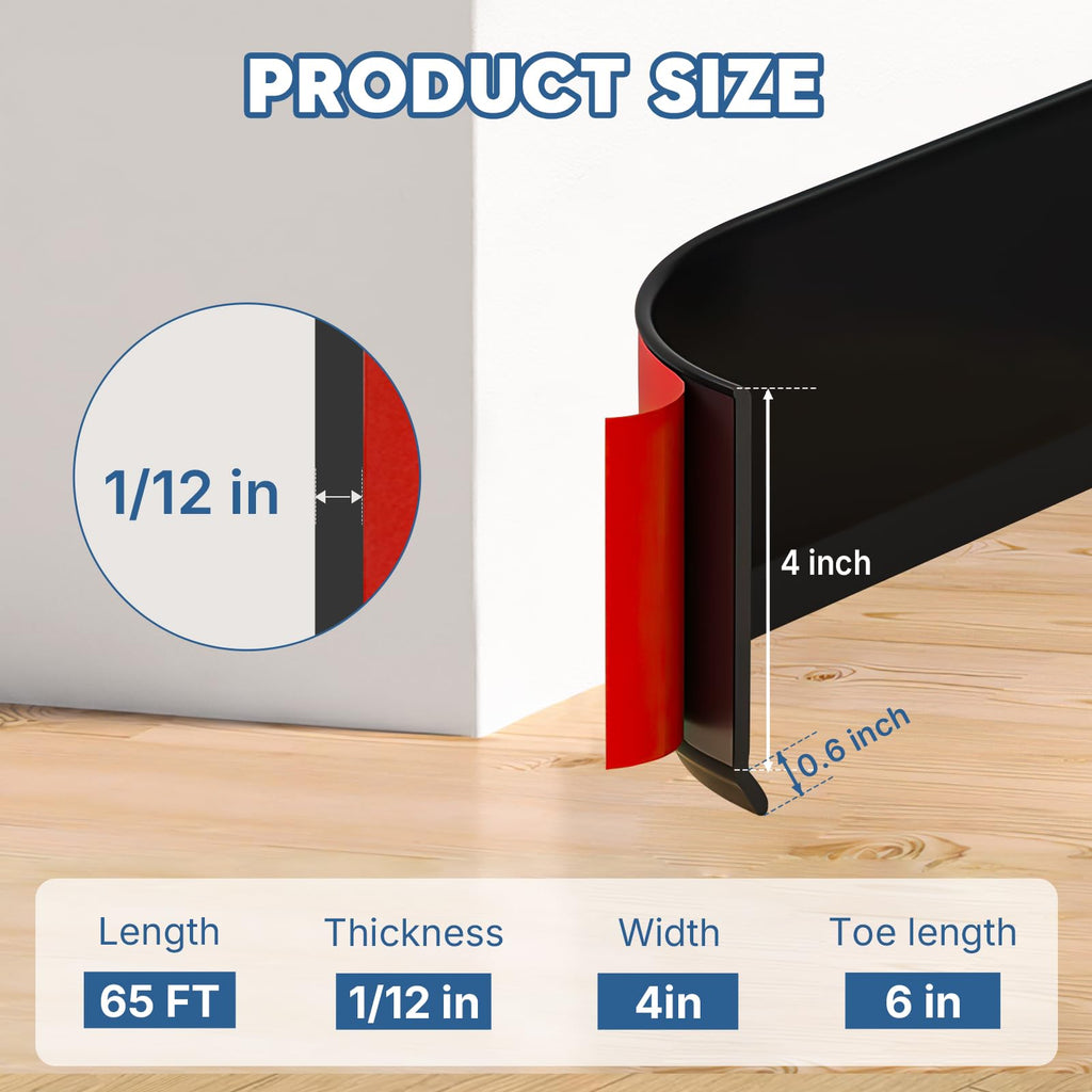 Baseboard Trim, Black Vinyl Peel and Stick Molding, 4" x 65 FT