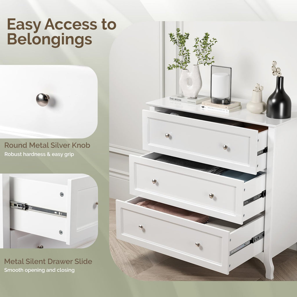White Dresser 3 Drawer Chest of Drawers, Painted Wood Dresser with Large Drawers and Curved Legs, 31.5" W Large