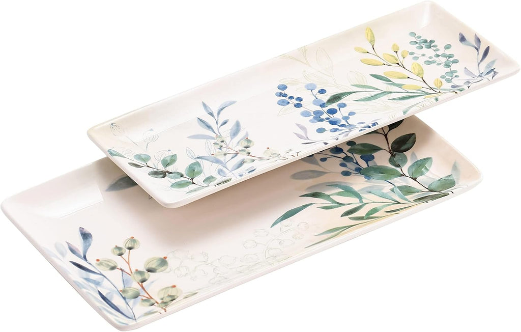 Botanical Valley Ceramic 14 inch Rectangular Serving Platter, Set of 2, for Serving Salad, Pasta, Cheese, Ham