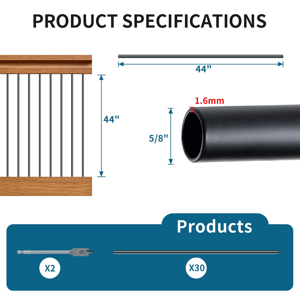 Iron Stair Balusters 5/8" Round Hollow Metal Wrought Iron Spindles for Indoor Staircase & Deck Railing 44" Long Plain