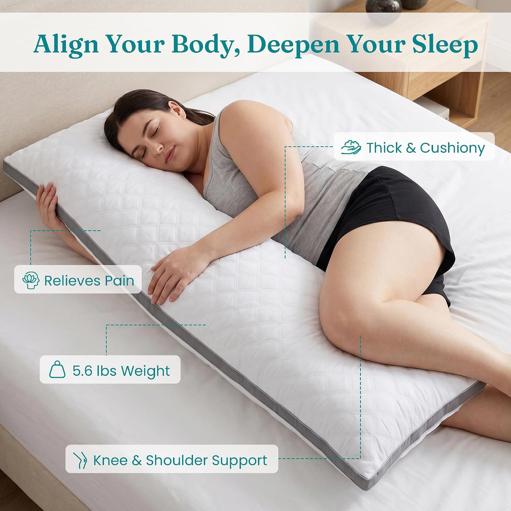Full Body Pillow for Side Sleeper, Adjustable Firm Long Bed Pillow | Extra Fill Plush Support - Large Quilted Loft
