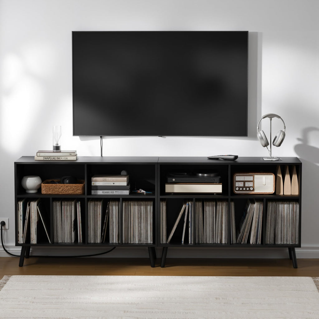 Record Player Stand with Vinyl Storage Cabinet, Wood Turntable Table Open Shelf Holder Up to 350 Albums Cube Storage