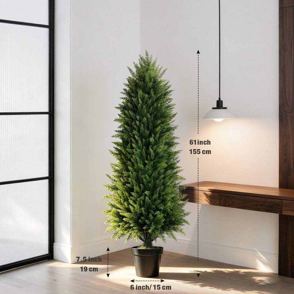5FT Artificial Cedar Topiary Trees (2 Pack) - UV Resistant Fake Evergreen Shrubs with Extra Dense Foliage, Odorless