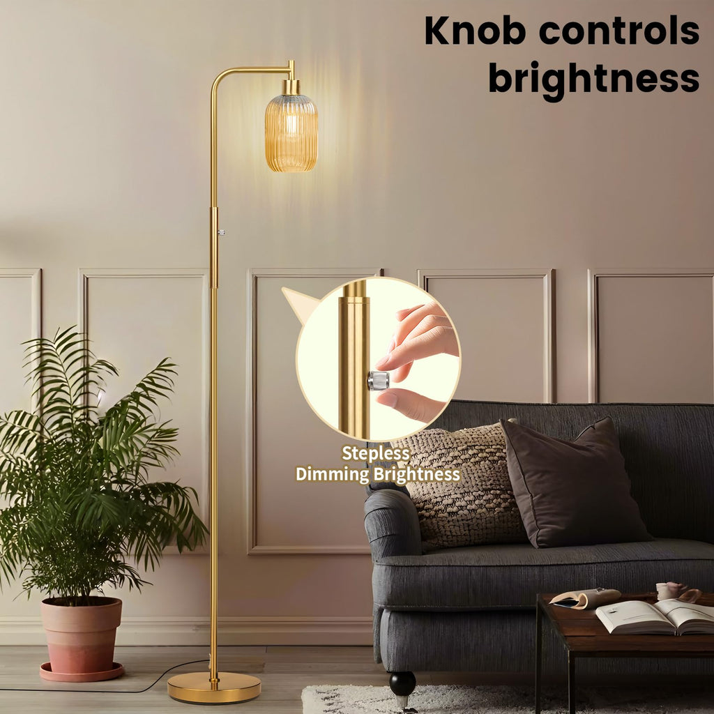 Glass Floor Lamp, Dimmer Standing Lamp with Green Ribbed Lampshade, 66" Tall Lamp & Gold Floor Lamp Study