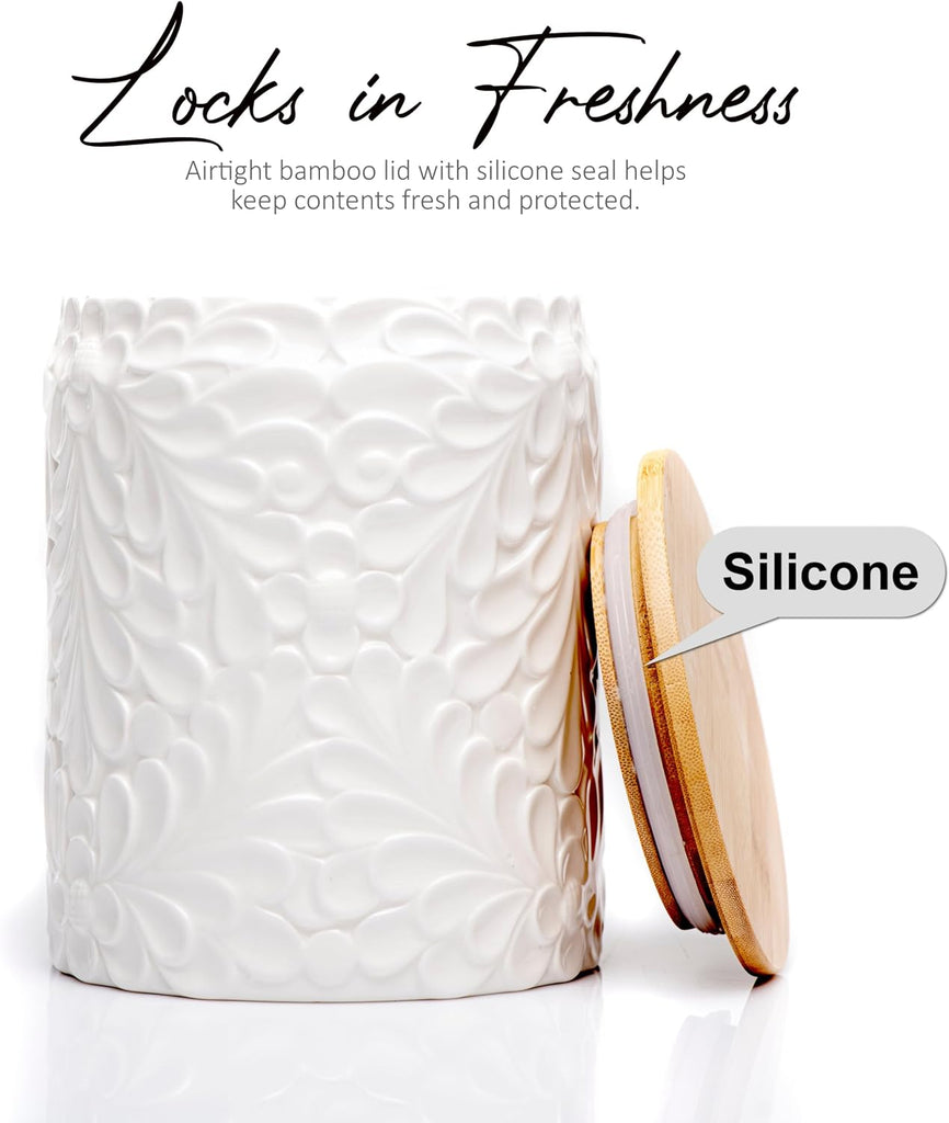 XXL 94 Oz Engraved Ceramic Kitchen Canister, Airtight Bamboo Lid