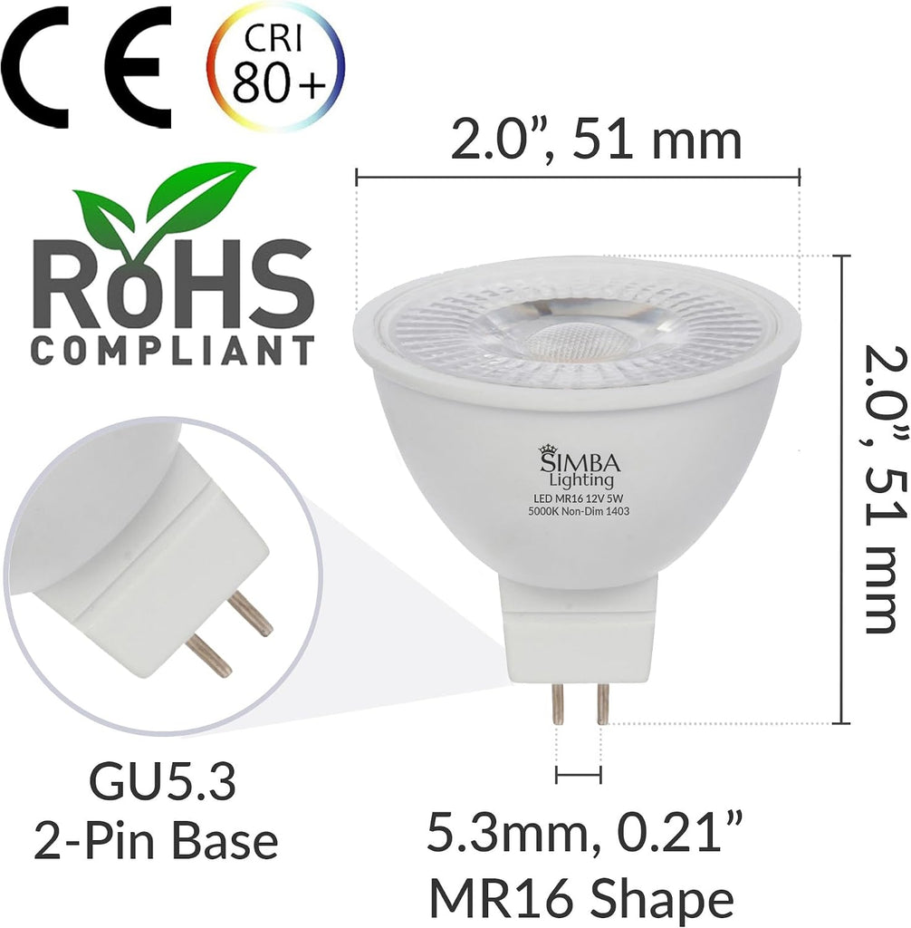 LED MR16 5W 12V Light Bulb, GU5.3 Bipin Base, 5000K, 6 Pack