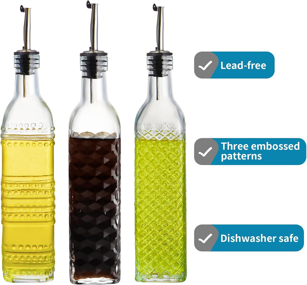 Oil and Vinegar Dispenser Set, 17oz Clear Glass Olive Oil Bottles, Kitchen Vinegar Decanters with 3 Spouts, 3 Plugs - Set of 3