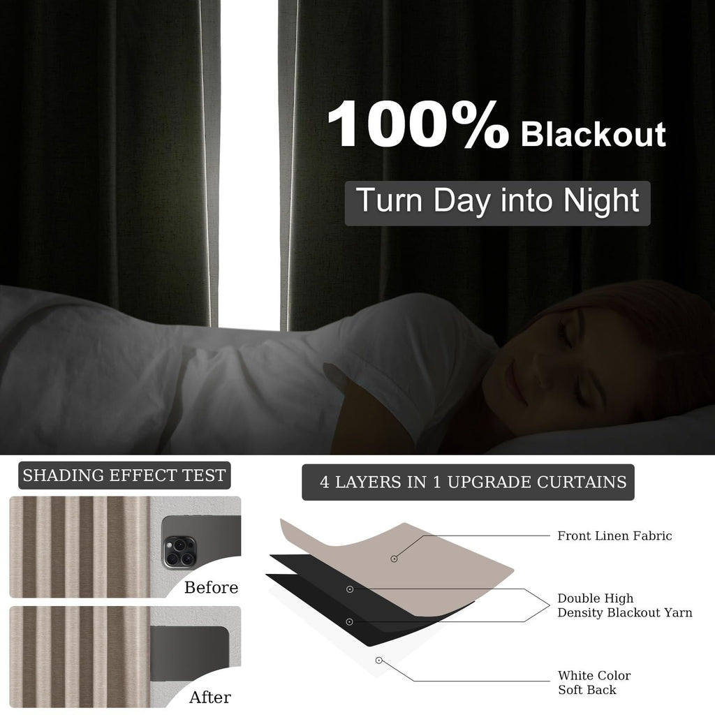 Extra Long Linen Blackout Curtains 132 Inches Long Farmhouse High Ceiling Mount Track Tall Curtain with Hooks Drapes