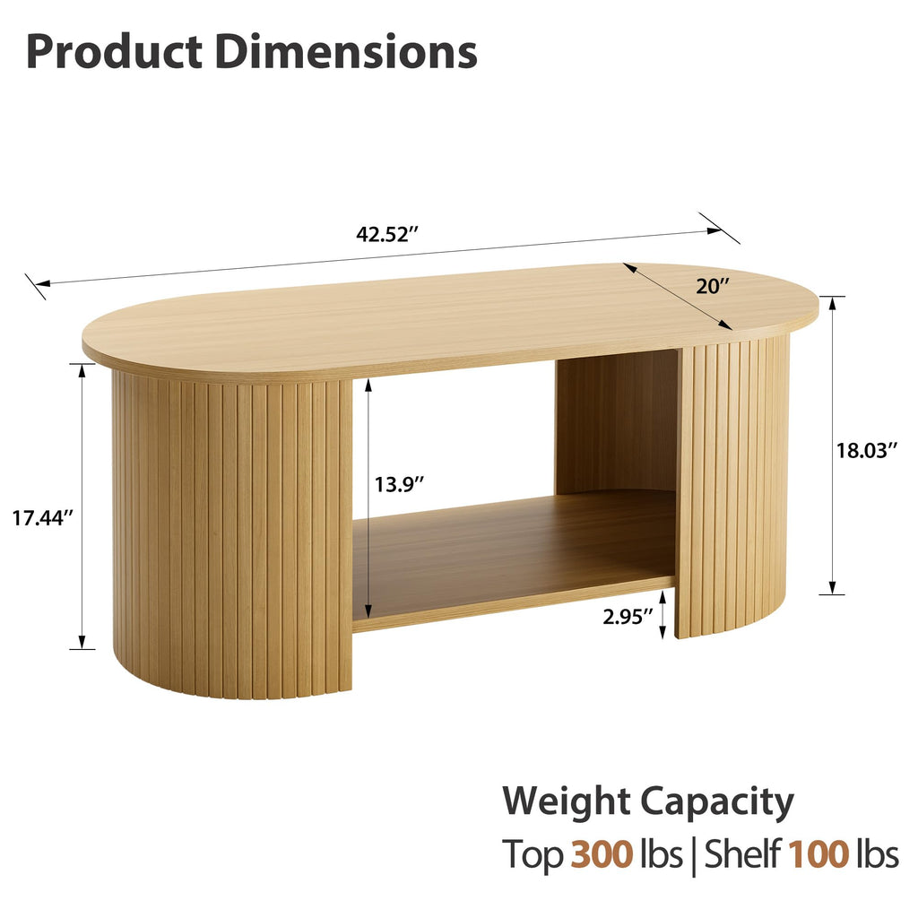 42" Oval Fluted, 2-Tier Center Table with Large Storage, Mid-Century Modern Wood, Small Space, Oak
