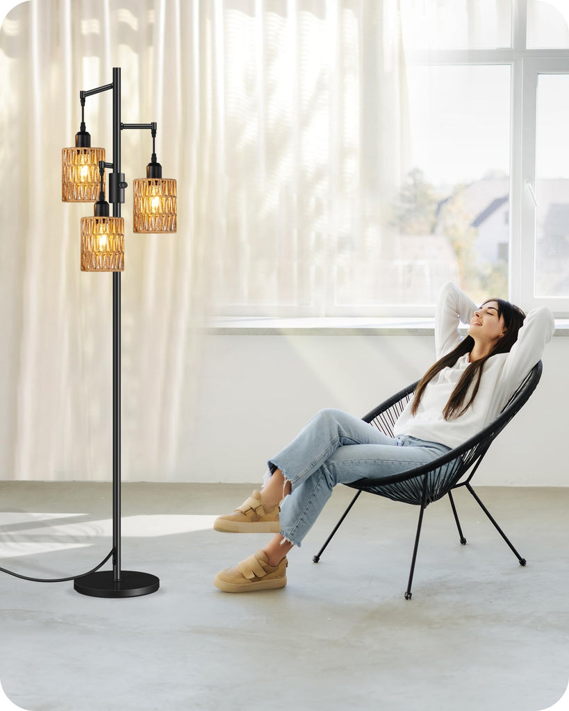 Dimmable Floor Lamp, Farmhouse Tall Standing 70.3" Tree Lamp with 3 Rope Woven Lampshades, Boho Rattan Floor Lights