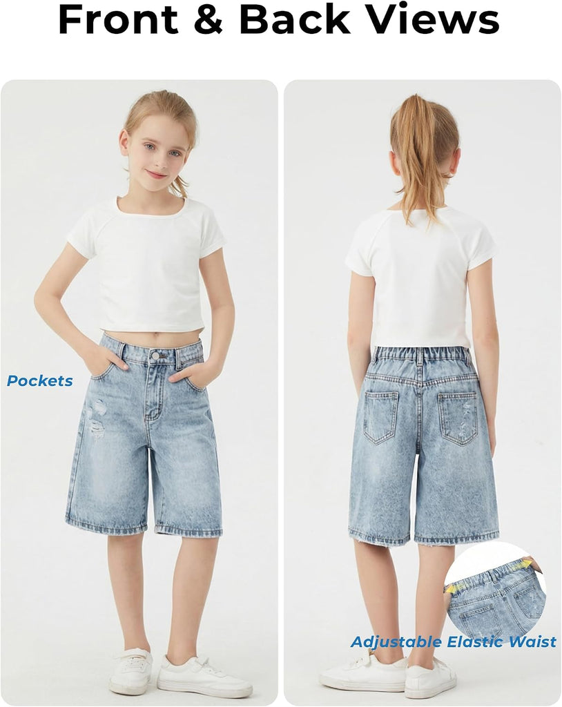 Girls Shorts Elastic Waist Jorts Denim Jean Shorts Ripped Knee Length Bermuda Shorts for Kids Teen Girls Summer