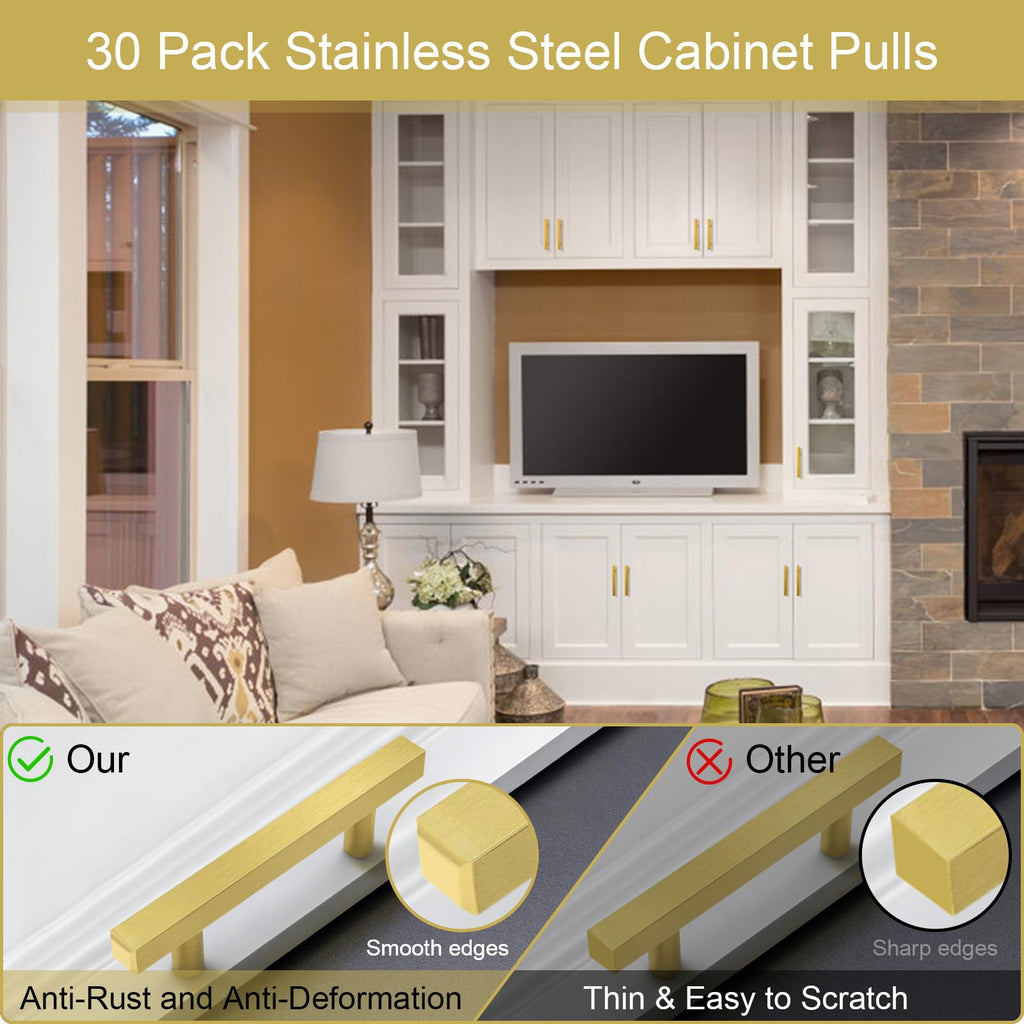 30 Pack Brushed Brass Kitchen Cabinet Handles 5" Length Drawer Pulls
