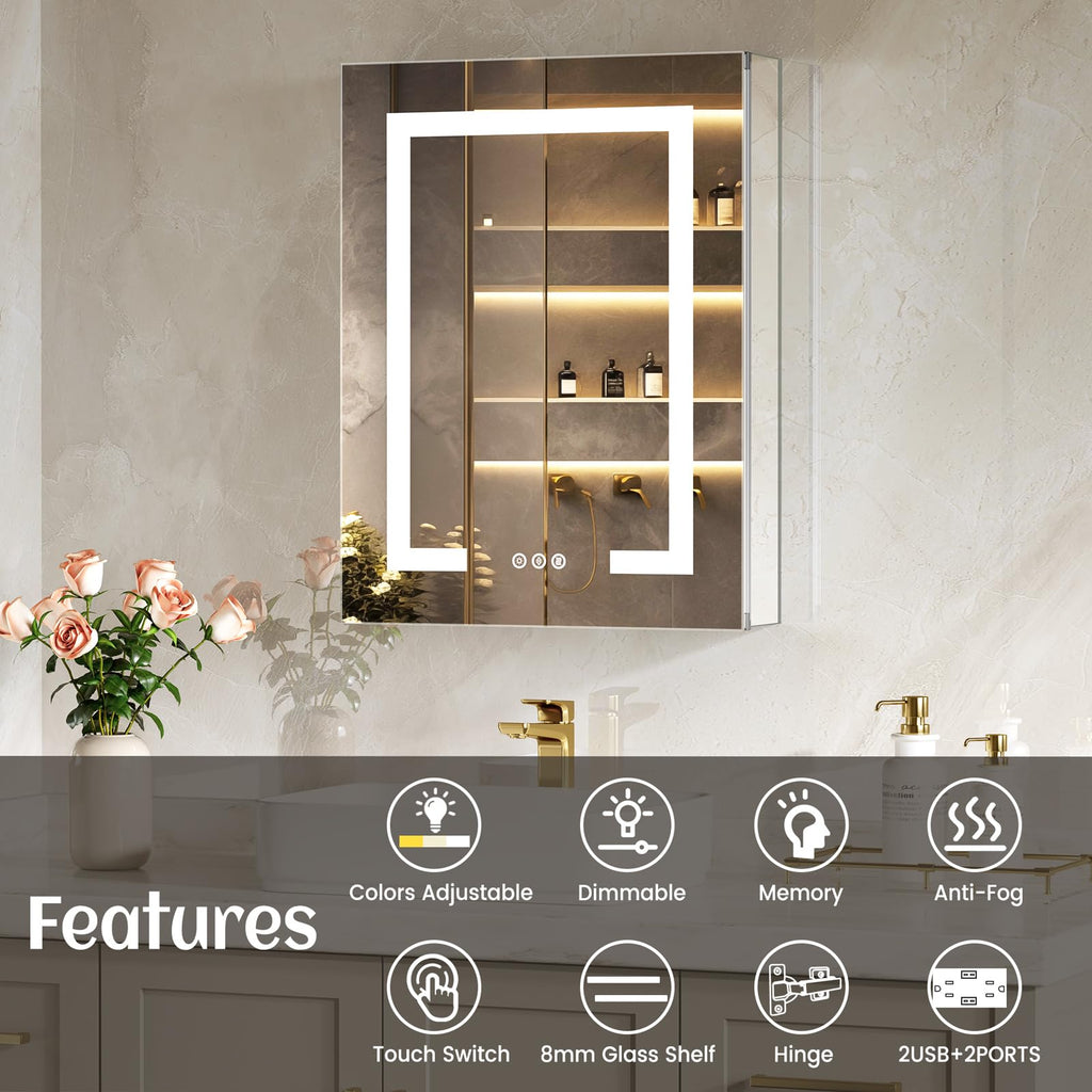 LED Lighted Medicine Cabinet with Mirror, Bathroom Mirror Cabinet with Lights, Outlet and USB, Recessed or Wall