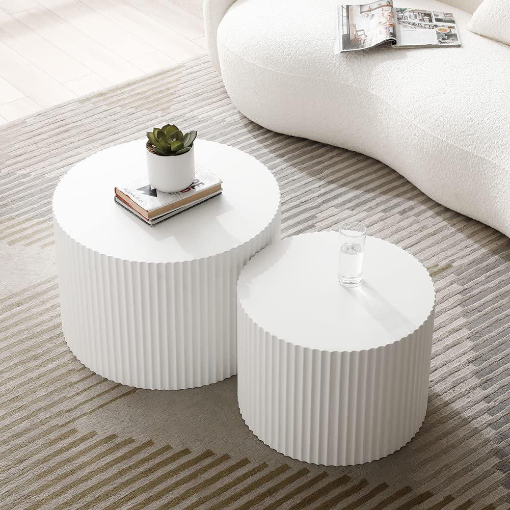 White Round Coffee Nesting Coffee Set of 2 Contemporary Circle Coffee Fluted Side Tables End Office