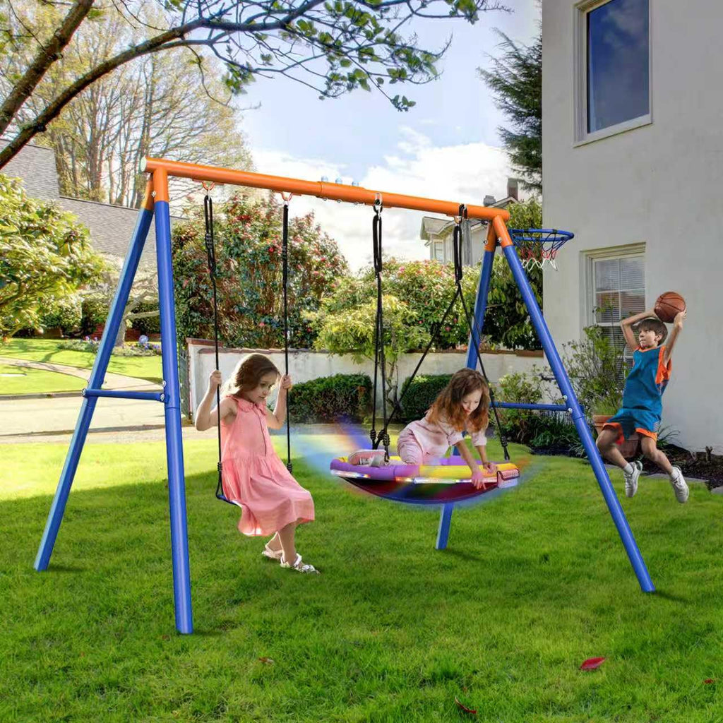 4-in-1 Swing Sets with Stand for Backyard, 440lbs Outdoor Saucer Swing Set for Kids, Heavy-Duty A-Frame Metal Playset