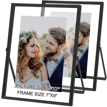 5x7 Black Floating Picture Frame set of 2, 7"×9" Frame For Picture 5×7 4x6 6x8 Metal Glass Photo Frames, Tabletop