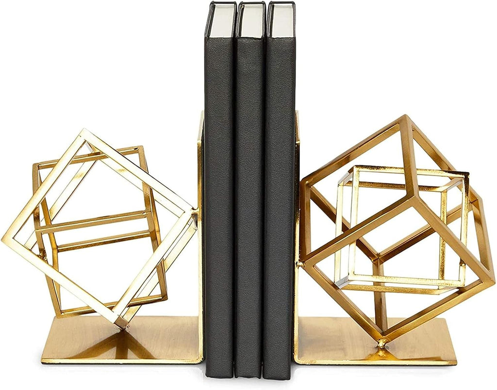 Gold Bookends - Heavy-Duty Metal Book Ends for Bookshelf Decor - Geometric Square Style for Decorative Books Display