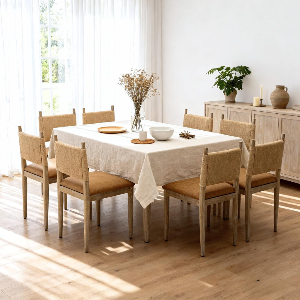 Modern Coastal Woven Dining Chairs Set of 6, Brown Faux Leather