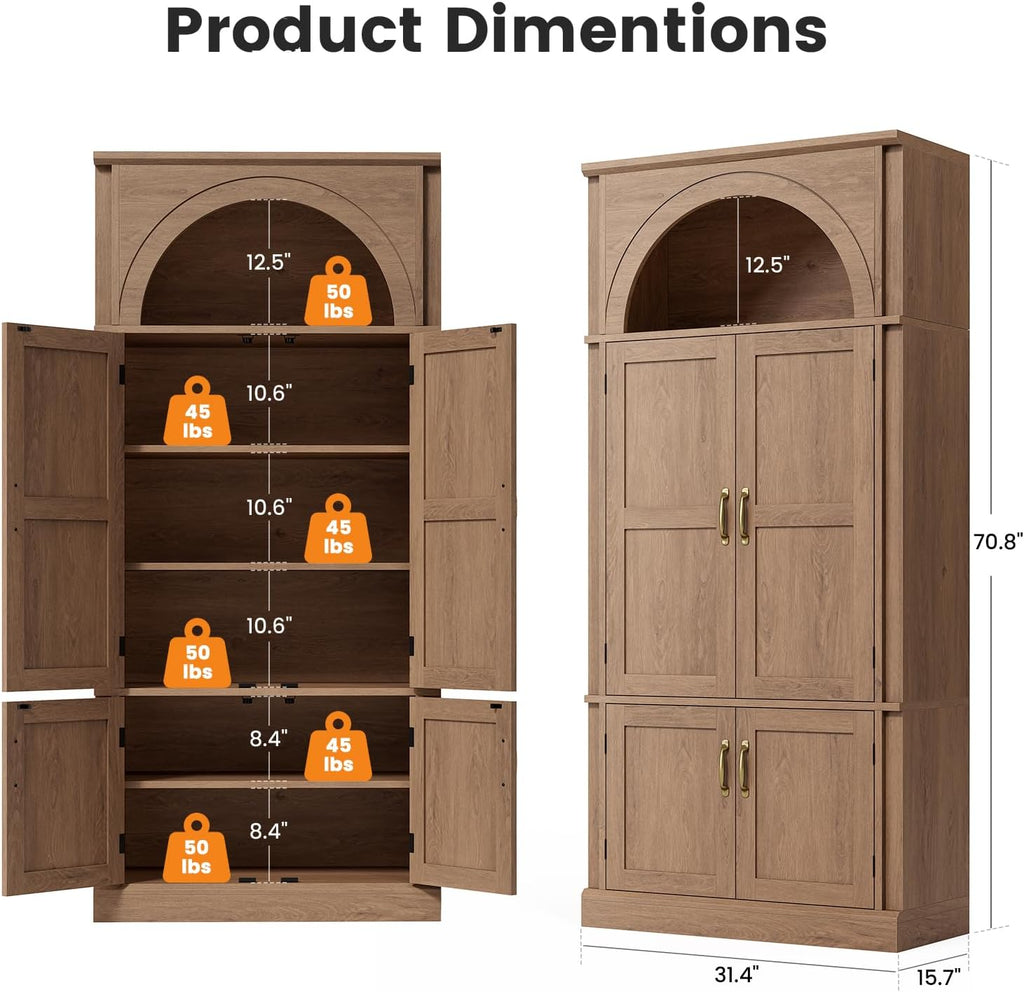 71'' Tall Kitchen Pantry Cabinet, Food Pantry Wood Cabinet,Brown | Pantry Cupboard with Adjustable