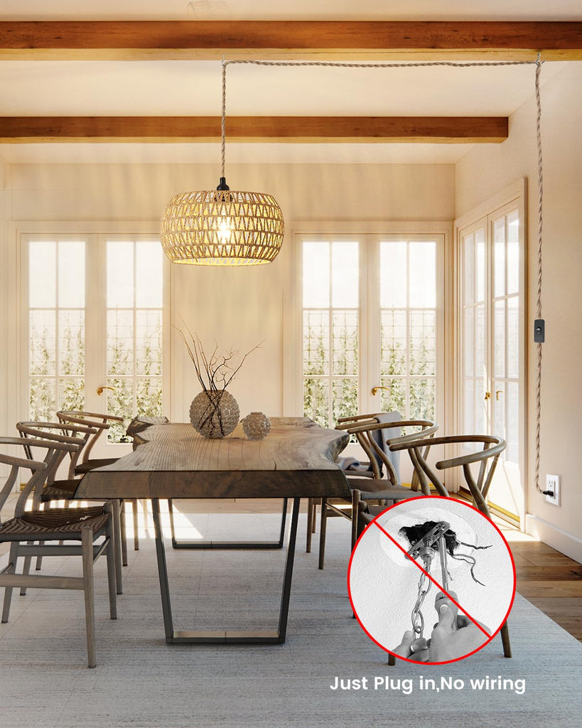 Rattan Boho Hanging Light, 12.6'' Natural Hand Woven Fabric Drum Light, Plug Into Wall Outlet Pendant Light Fixture