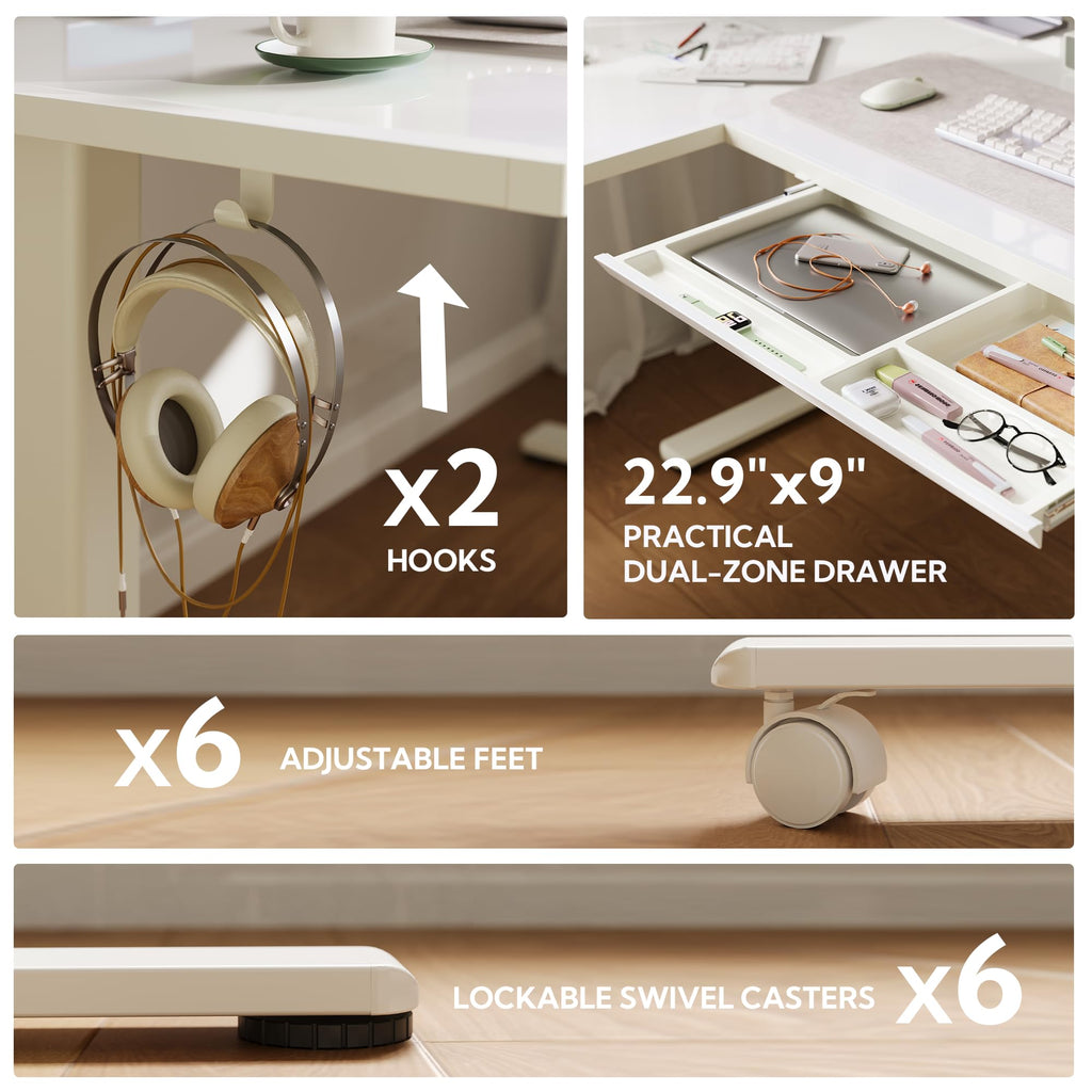 L Shaped Glass Standing Desk with Drawers, 63x55 Inch, White